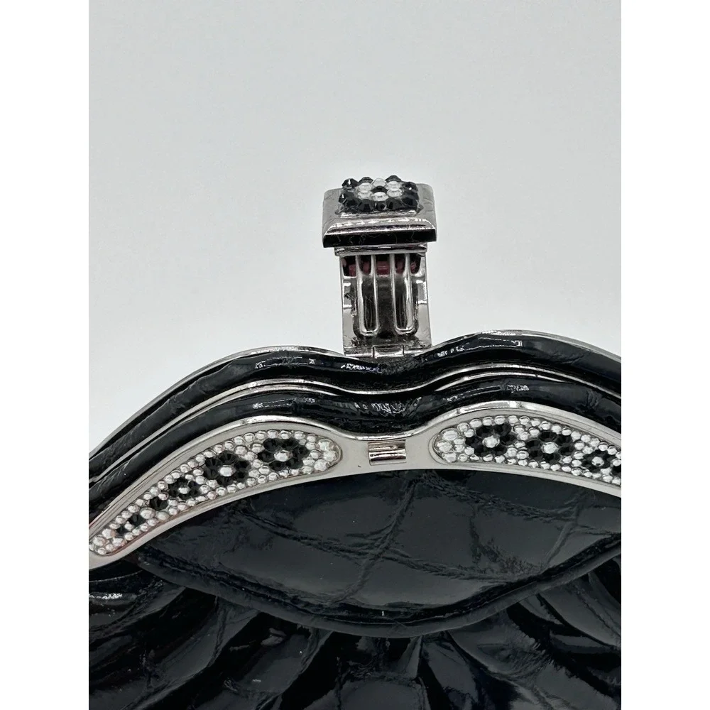 VTG. Black Patent Croc Embossed Clutch Rhinestone Floral Evening Bag Chain Strap